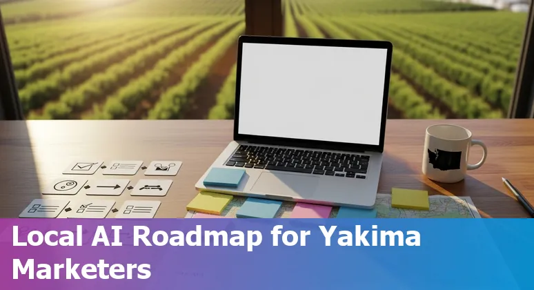 AI marketing guide cover image showing a Yakima, Washington skyline with AI and marketing icons