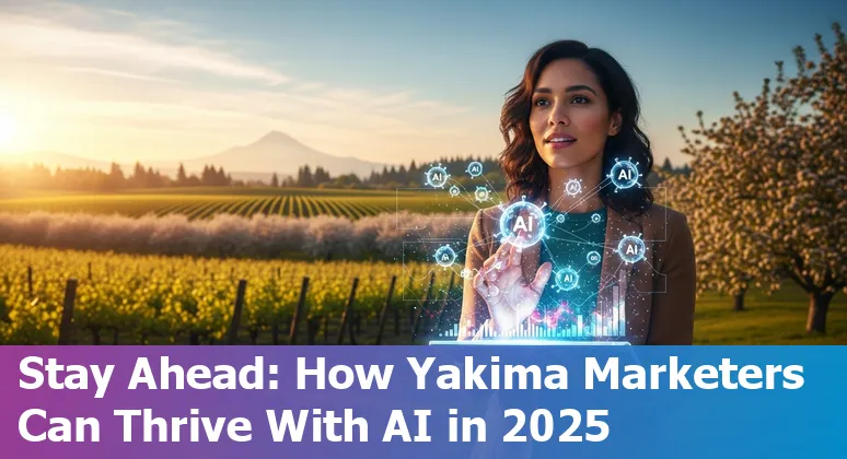 Yakima, Washington marketer using AI tools on laptop, showing local skyline and fruit orchards in background