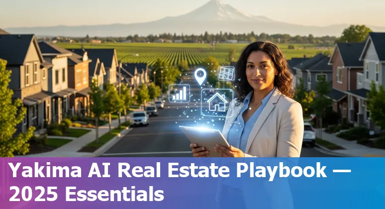 Yakima, Washington real estate agent using AI tools on a laptop with vineyard and city skyline in the background