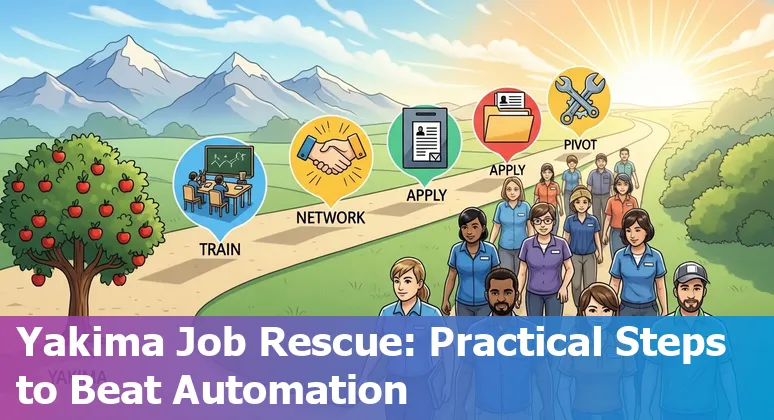 Retail worker using a tablet in a Yakima store with self-checkout kiosks and AI icons overlay.