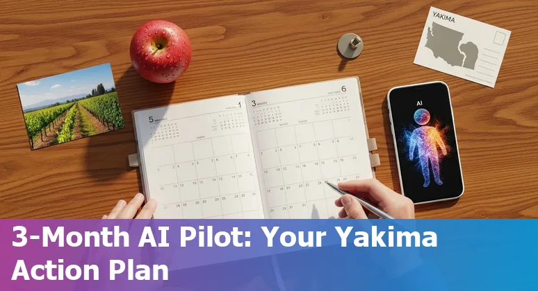 Sales professional using AI tools on a laptop with Yakima, Washington skyline and orchards in the background