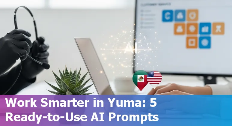 Customer service agent in Yuma using AI prompts on a laptop with bilingual chat and local Arizona backdrop.