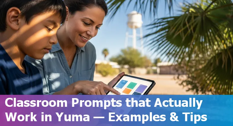 Teachers and students in a Yuma classroom using AI tools on laptops and tablets for lesson planning and career guidance.