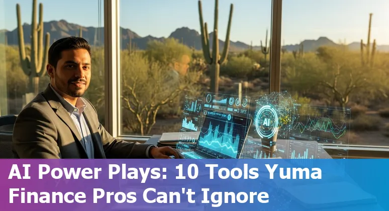 Yuma finance team using AI tools on laptop: dashboards, invoices, and charts with desert skyline in background.