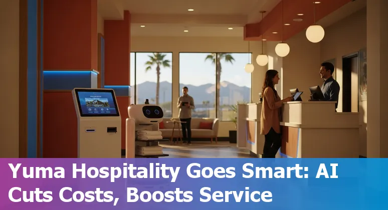 Hotel front desk with AI chatbot kiosk in Yuma, Arizona, showing staff and guest interaction