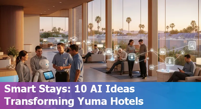 Hotel front desk with AI chatbot icon, smart room controls, and desert skyline of Yuma, Arizona