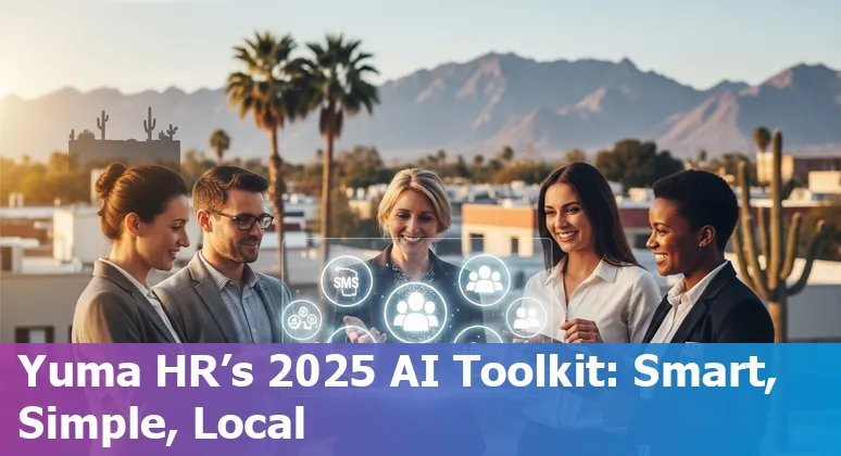 HR professional using AI tools on laptop with desert landscape of Yuma, Arizona in the background
