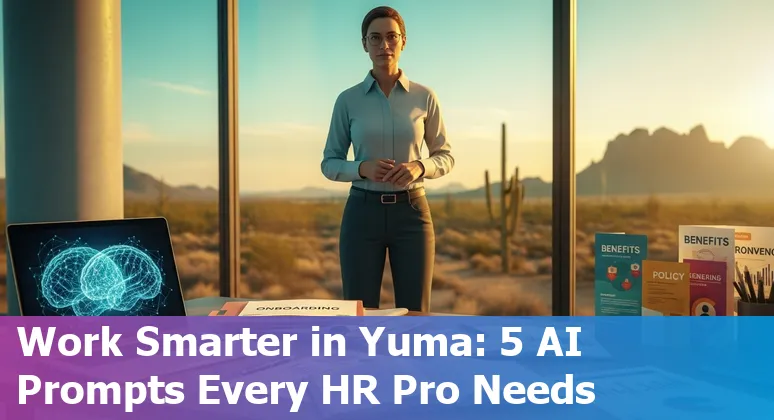 HR professional in Yuma, Arizona using AI prompts on a laptop to draft benefits, onboarding, and policy communications.