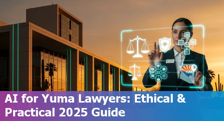 Yuma, Arizona lawyer using AI on a laptop with legal documents and desert skyline