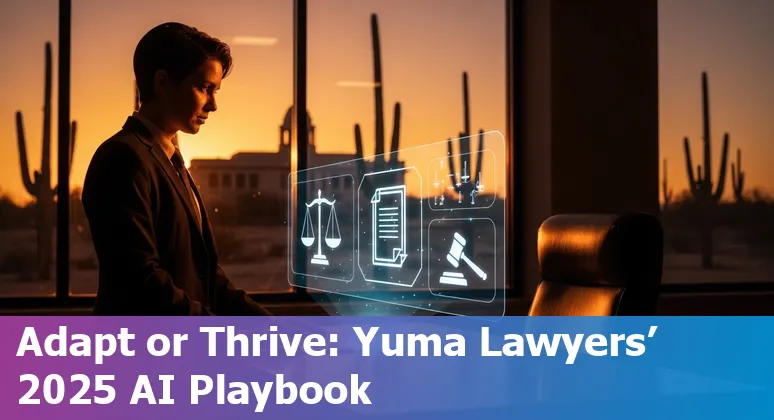 Yuma, Arizona lawyer using AI tools on a laptop with Yuma cityscape visible