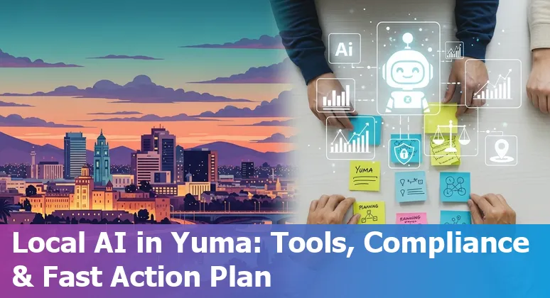 Yuma, Arizona marketing professional using AI tools in 2025: laptop with analytics dashboard and desert skyline in Yuma, Arizona