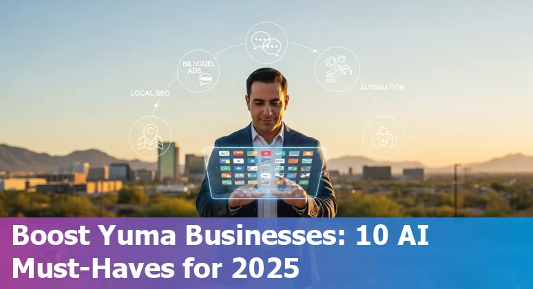 Collage of AI marketing tool logos with Yuma landmarks and local business scenes