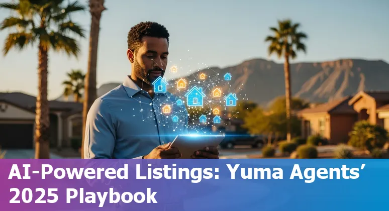 Agent using AI tools to analyze Yuma, Arizona real estate market on a laptop with Yuma skyline visible