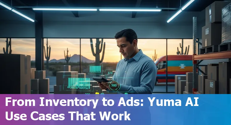 Retail store in Yuma, Arizona with AI icons overlay showing inventory, chatbot, and demand forecasting