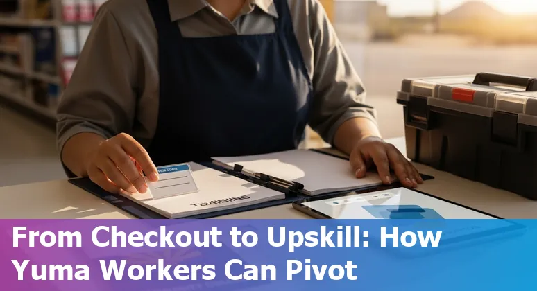 Yuma retail workers using digital training tools with desert and storefronts in background