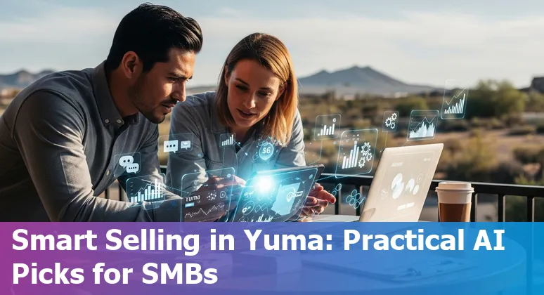 Sales professional using AI tools on laptop with Yuma, Arizona landscape visible through window.