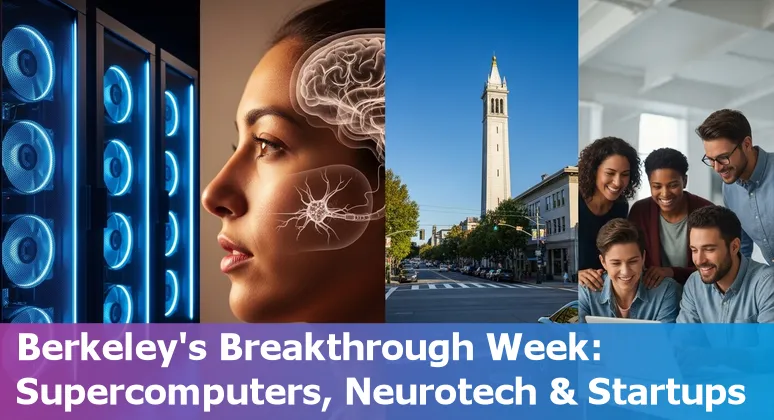 Lawrence Berkeley National Laboratory campus with researchers and servers, representing Berkeley tech advances in AI, supercomputing, and biomedical research.