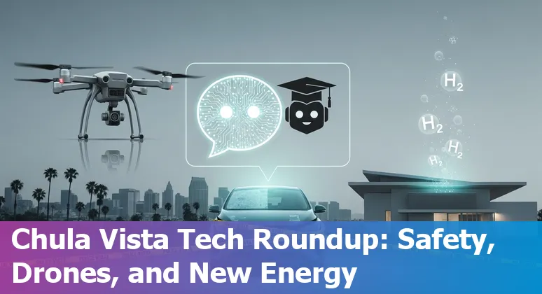 Collage: Chula Vista skyline, Southwestern College campus, chatbot icon, police drone, Tesla on freeway, data-center silhouette.