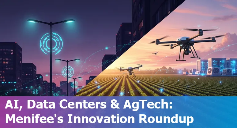 Menifee city skyline with icons representing AI, broadband, EV charging, and tech training.