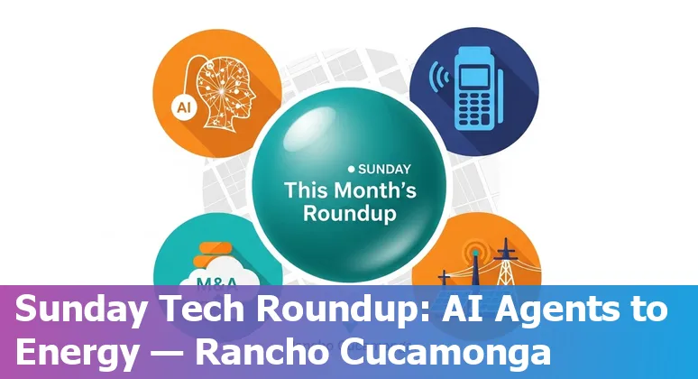 Rancho Cucamonga tech skyline with AI and cloud icons representing payments, data centers, and local businesses.
