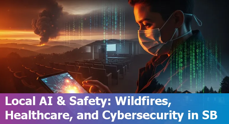 San Bernardino panorama with icons for AI education, firefighting drones, healthcare AI, and cybersecurity.