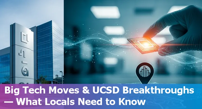 San Diego skyline overlaid with AI and technology icons representing campus programs, regulation, and local AI deployments