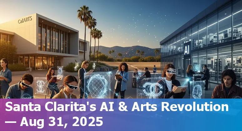 Santa Clarita skyline with CalArts banner, students using laptops, and tech symbols representing AI, blockchain and motorsports telemetry.