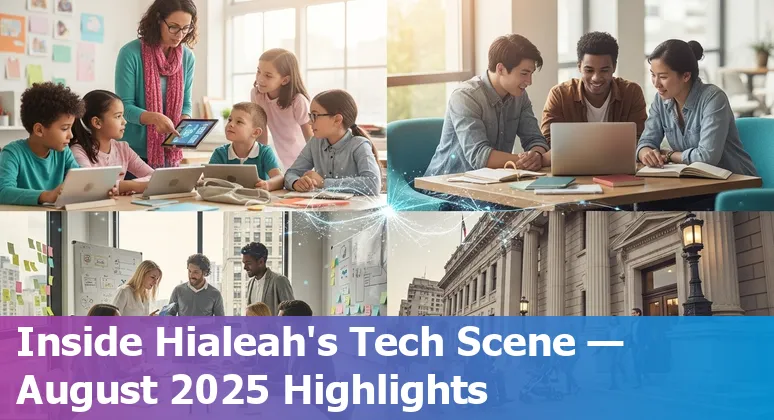 Hialeah skyline with AI icons, students using laptops, and tech conference crowd
