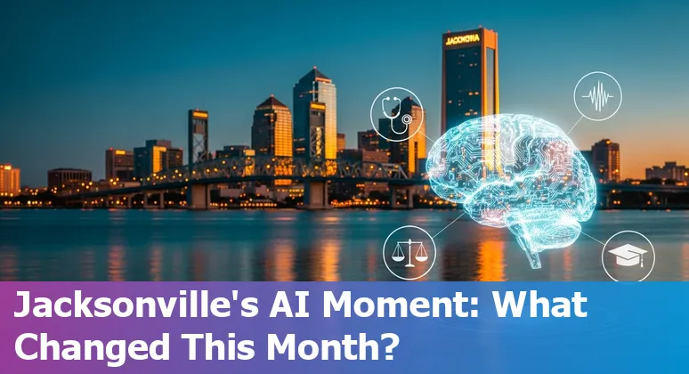Jacksonville skyline with servers, AI icons, university campus and police camera overlay representing local AI and tech headlines.