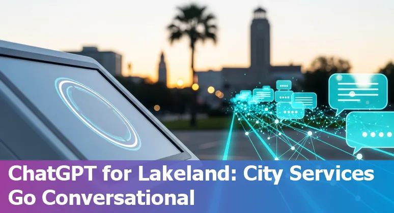 Lakeland tech montage: SUN ’n FUN expo crowd, Gleim Aviation booth, city staff using ChatGPT, and traffic signal with AI overlay.