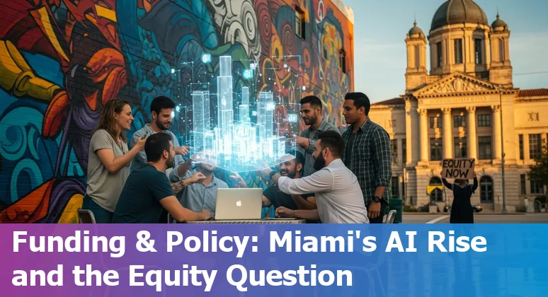 Collage of Miami skyline with AI icons, students showcasing projects, doctors using AI tools, and a conference stage.
