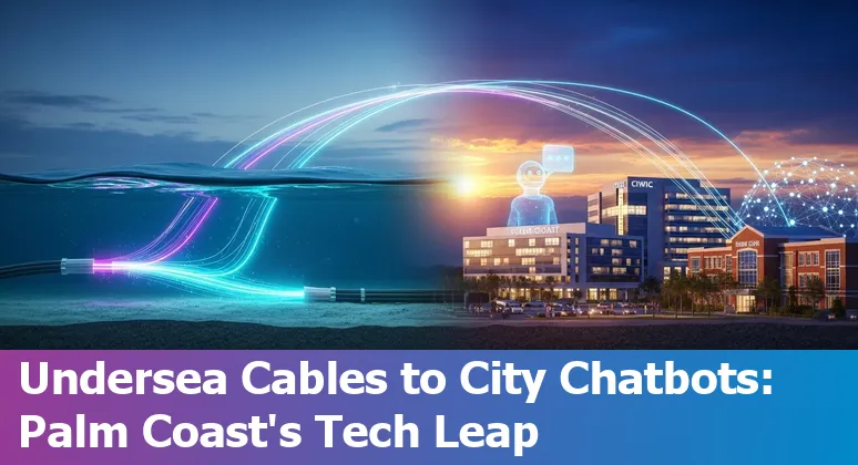 Palm Coast map with subsea cable landing marker, data center campus, and icons for AI chatbot, emergency alerts, and healthcare monitoring.