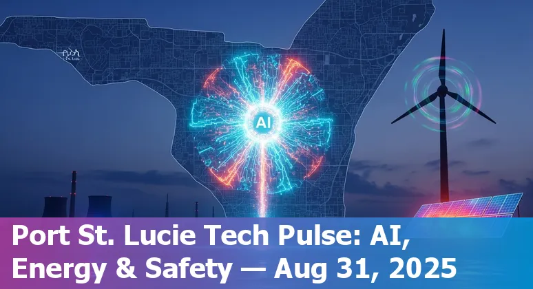 Port St. Lucie skyline with construction cranes, nuclear plant cooling towers, and AI/data center icons