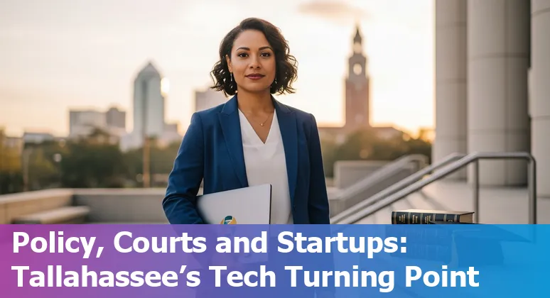 Tallahassee skyline with tech icons: cloud, AI brain, courthouse, drones and university buildings