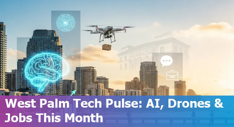 Downtown West Palm Beach skyline with CityPlace office tower and AI tech icons representing chatbots, drones, weather alerts and surveillance.