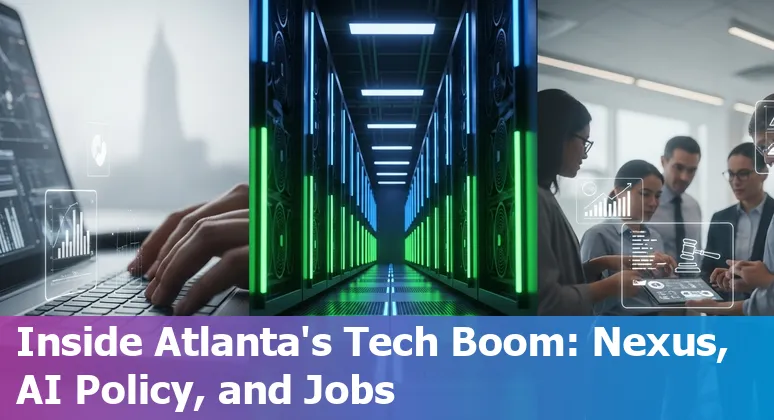Atlanta skyline with data-center icons, Georgia Tech research lab, and AI circuit overlay representing Nexus supercomputer and tech growth.