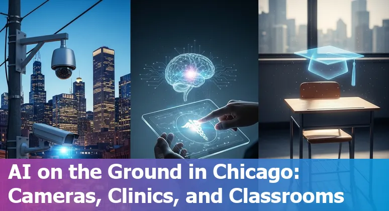 Chicago skyline with digital AI network overlay, symbols for traffic cameras, healthcare, education, and corporate tech.