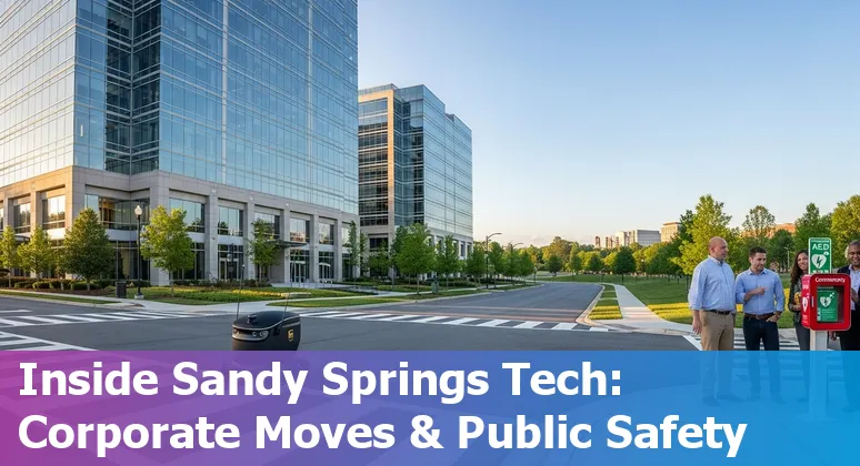 Sandy Springs skyline with AI lab, Mercedes building, UPS robot, and CPR AED volunteer icon.