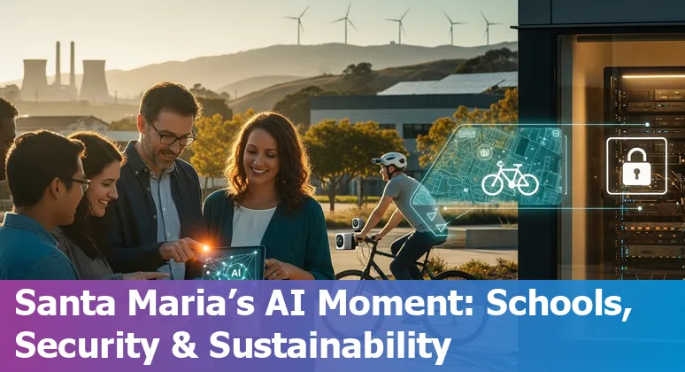 Collage: Allan Hancock College AI summit, cyclists on Santa Barbara bike route, Diablo Canyon nuclear plant with server racks and AI code overlay.