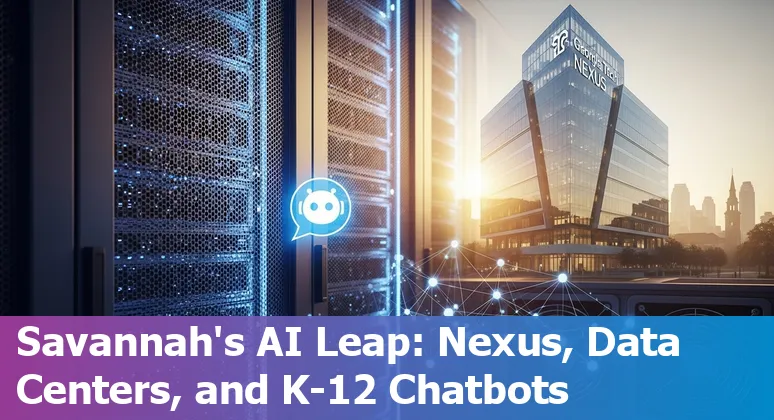 Savannah skyline with data‑center and AI supercomputer concept graphic overlaid, students and factory digital twin visuals.