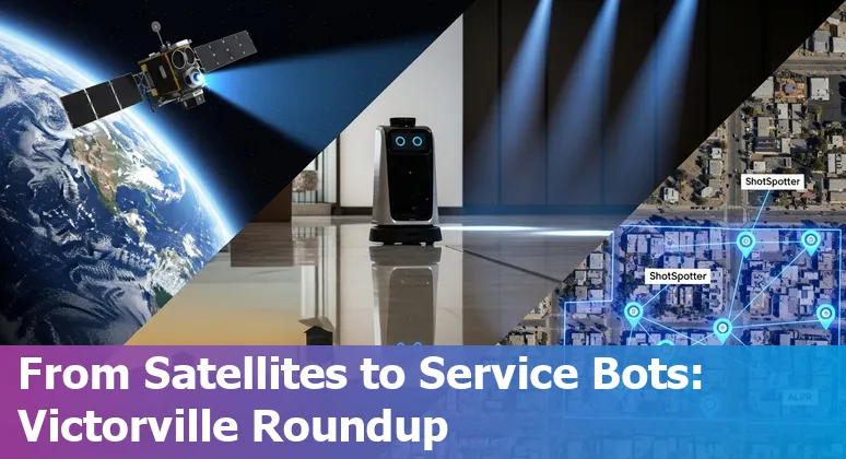 Victorville skyline with a robot concierge overlay, wildfire satellite imagery, and public-safety sensors representing local tech news