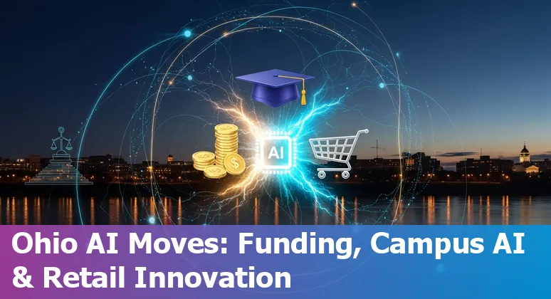 Cincinnati skyline with digital AI network overlay, featuring startup, university, and policy icons.