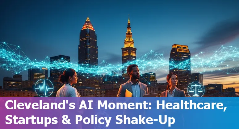 Collage of Cleveland skyline, Cleveland Clinic, AI code overlay, and startup pitch scene