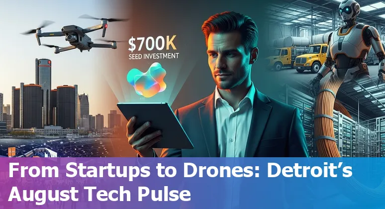 Detroit skyline with tech icons: robotics arm, data-center towers, drones and AI network overlay