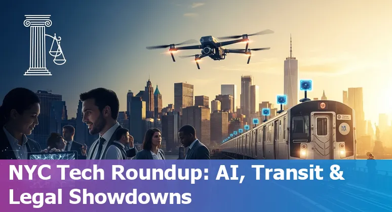 Collage of NYC skyline, AI code, subway camera, and Tech Week crowd to illustrate New York's AI and tech news