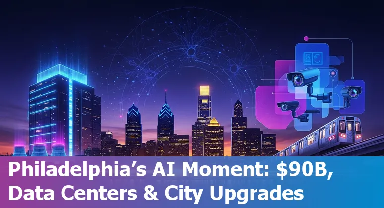 Aerial view of Philadelphia skyline with data-center and AI overlay, showing universities, transit, and power grid icons.