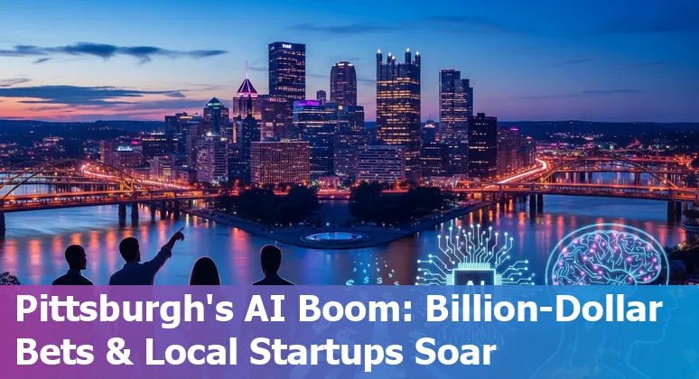 Pittsburgh skyline with data center and AI circuitry overlay representing AI investment, energy debates, and university partnerships.