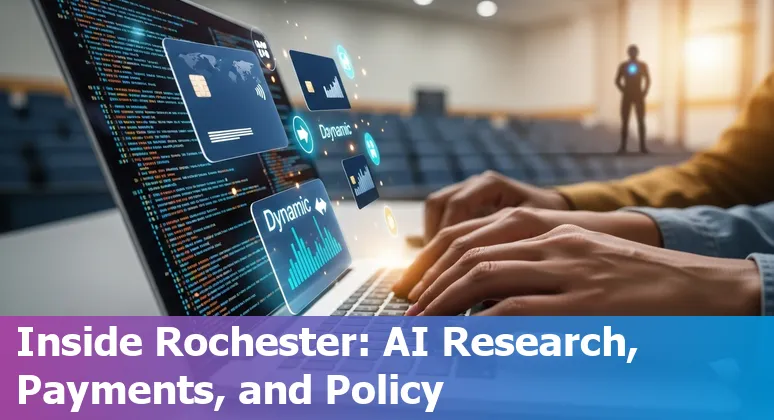 Collage: Rochester campus buildings, AI code overlay, surgical AR headset, and a text-to-video sample frame.