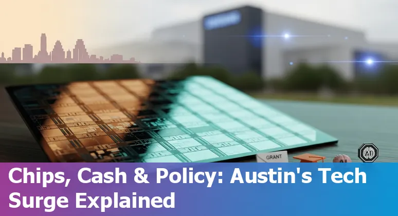 Austin skyline with data center and UT Austin campus icons overlayed, representing AI research, manufacturing, and policy debate