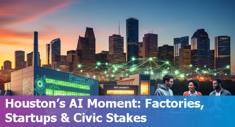 Downtown Houston skyline with the Ion district and AI circuitry overlay representing Nvidia, Rice University and startup activity.